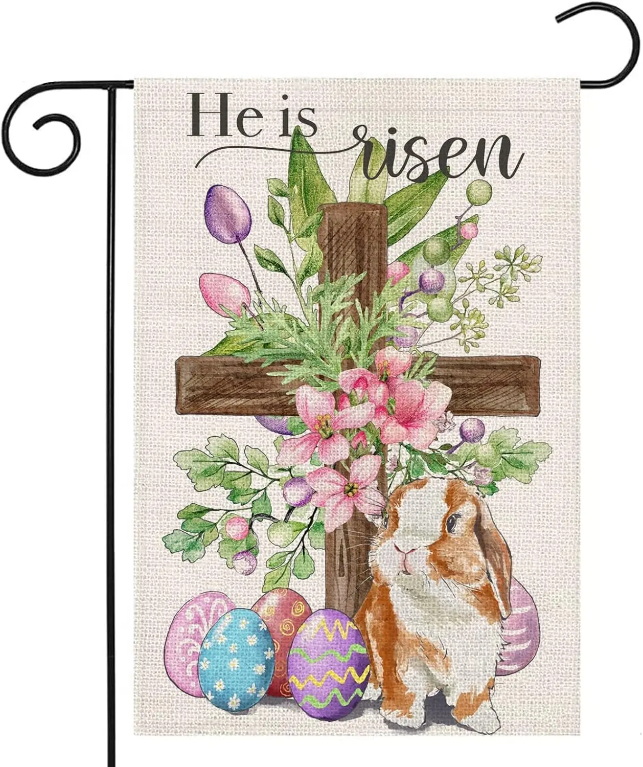 Easter Cross Garden Flag for Outdoor,He is Risen Religious Cross with Bunny Eggs Flowers Yard Flag,Small Spring Decors for Outsi