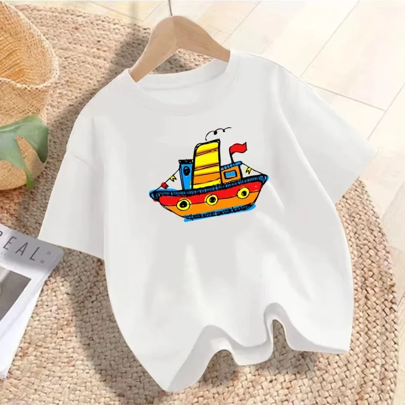 Cute Kids Cartoon Boat Graphic T Shirt Vibrant Steamship Print Short Sleeve Tee For Boys Daily Casual Outfit