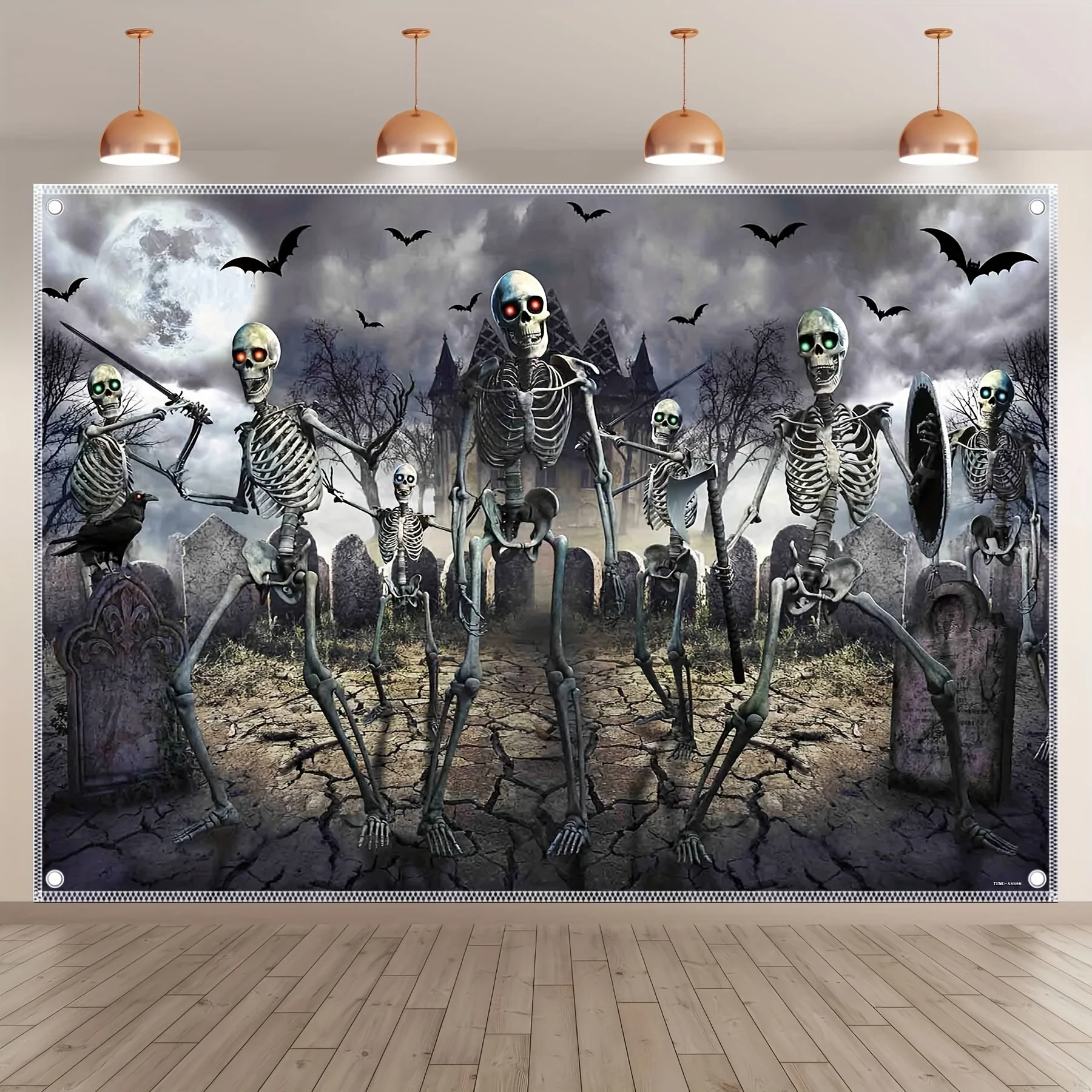 Halloween zombie polyester photography background, full moon night cemetery bat skeleton background, photo booth prop banner