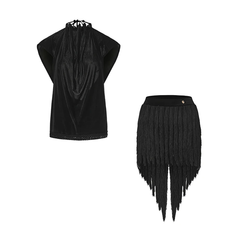 ラテンダンスルーズスモックバックレストップスLrregularタッセルスカート大人のパフォーマンス衣装チャチャルンバサンバラテンドレスDN22439