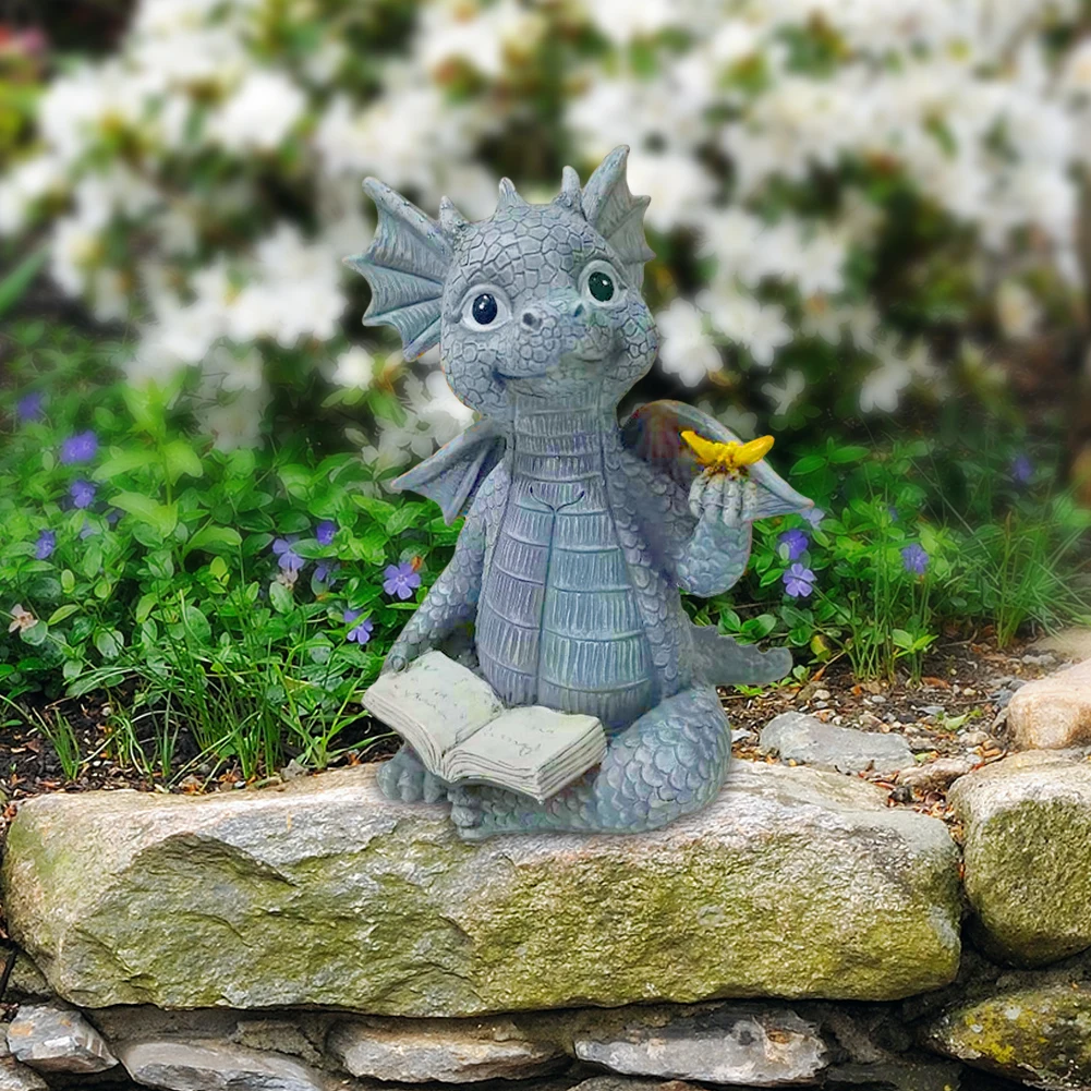 Mini Reading Dragon Statue Resin Amusing Reading Dragon Figurine Creative Dinosaur Meditation Sculpture for Lawn Decor