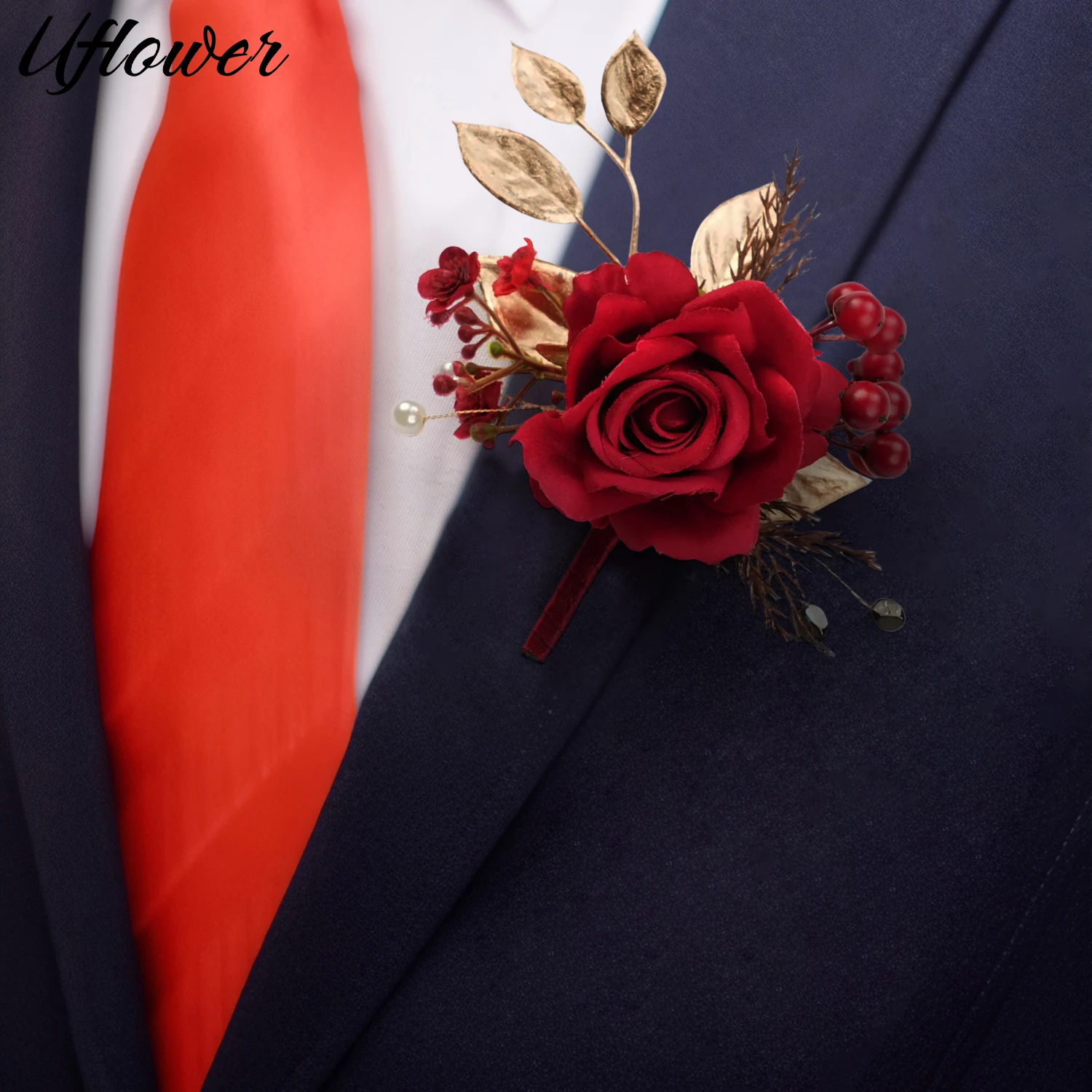 Uflower Red Boutonnieres Flowers Artificial Roses Silk Flowers Corsage Buttonhole Groomsmen Men Wedding Ceremony Accessories