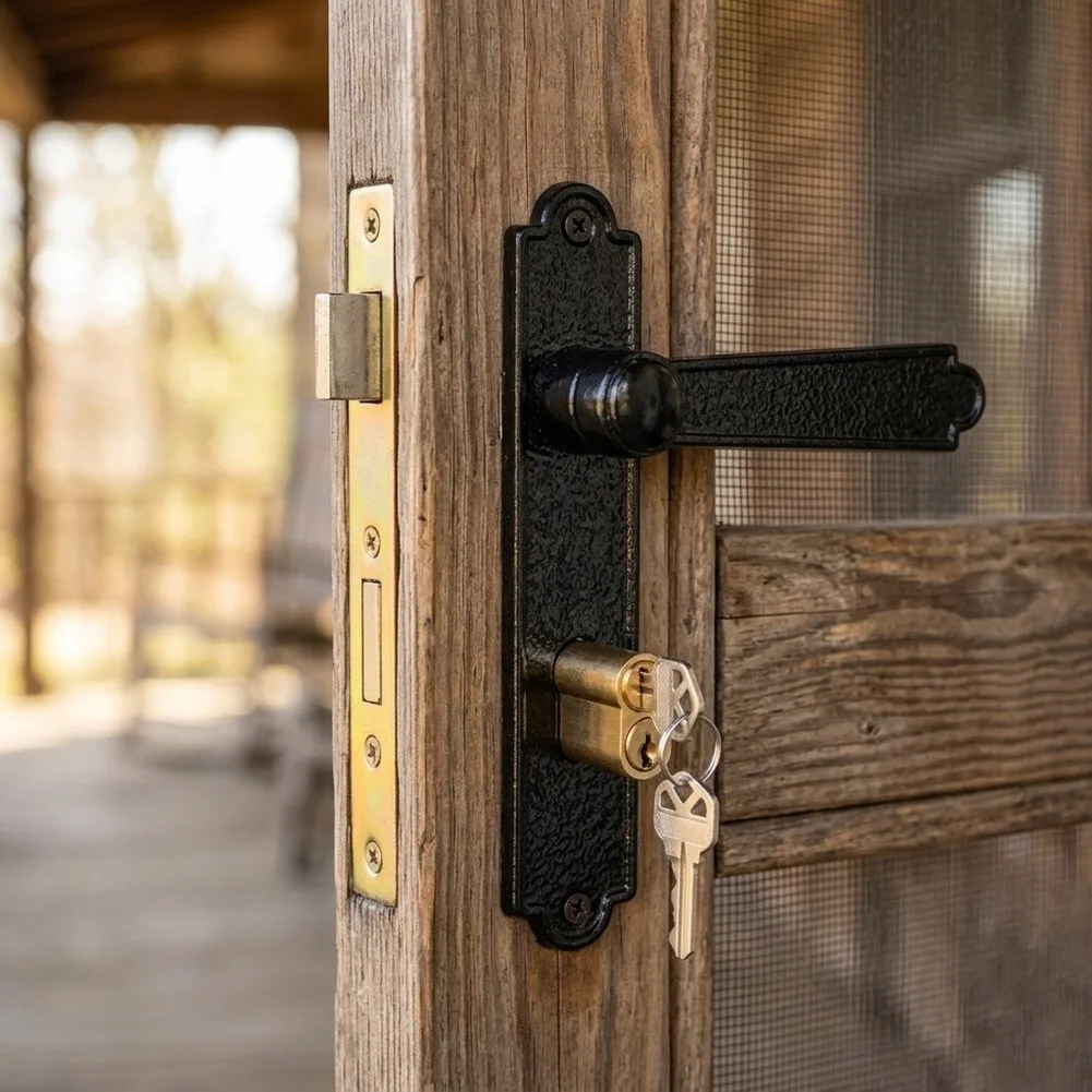 Screen Door Compatible Handle for lock Featuring Zinc Alloy Build and Vintage Black Hammered Texture for Balanced Form and