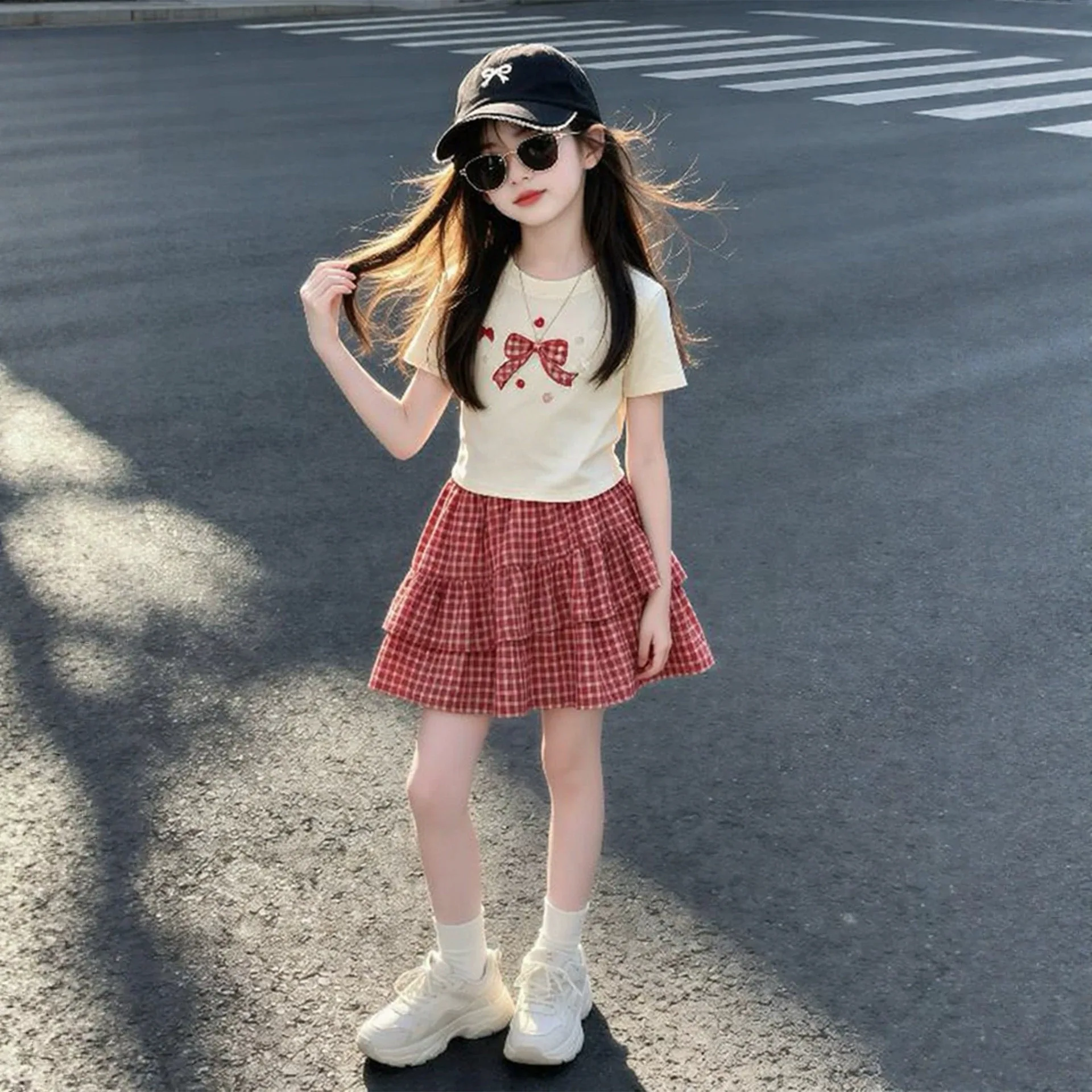 2026 summer Teenager Girls Cloth short sleeve letters plaid bow slim T Shirt + pleated skirt children set 4 6 7 8 9 10 12 year