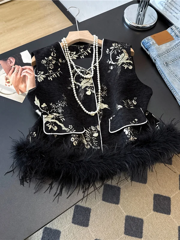 

Bla Fur Splice Vest Women's Spring Autumn Loose Svel Top Luxury Feel Button up round Ne Plant Floral Pattern