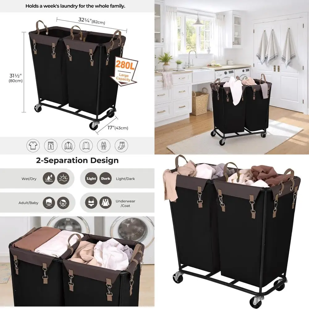 

Double-Sectioned Rolling Laundry Hamper with Wheels for Home and Hotel Use, Black