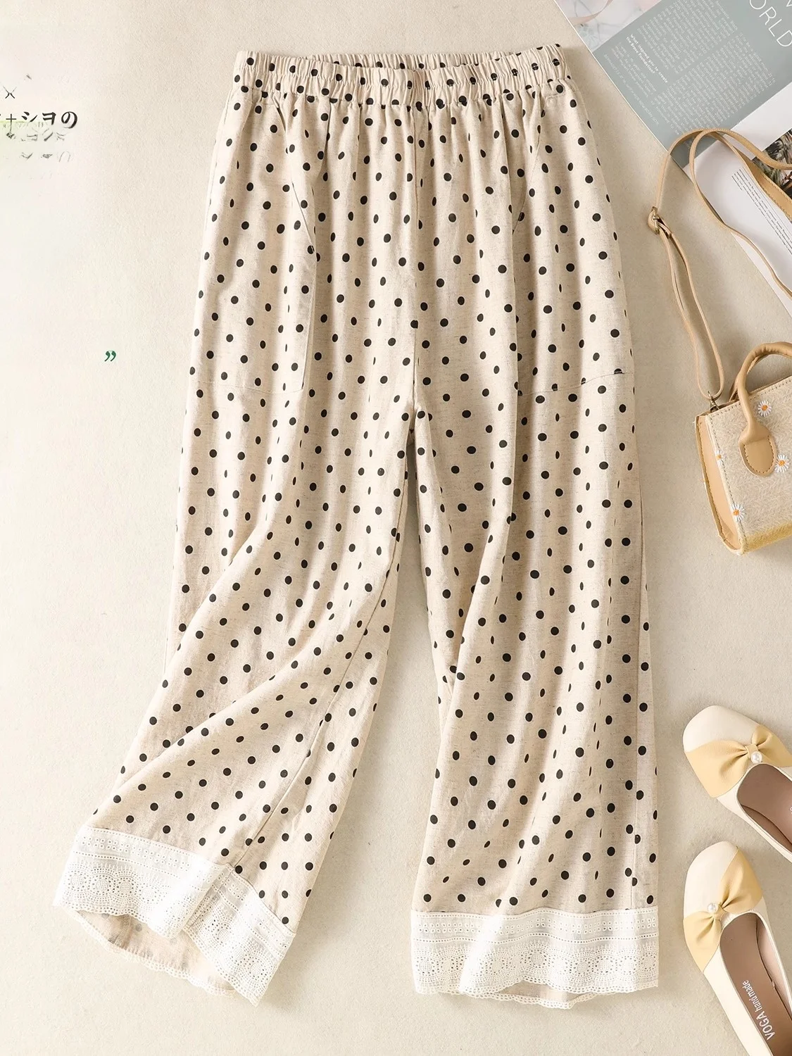 

Retro Japanese Style Cotton Linen Gingham Casual Wide Leg Pants Women Loose High Waist Nine Points Summer Pants for plus Size