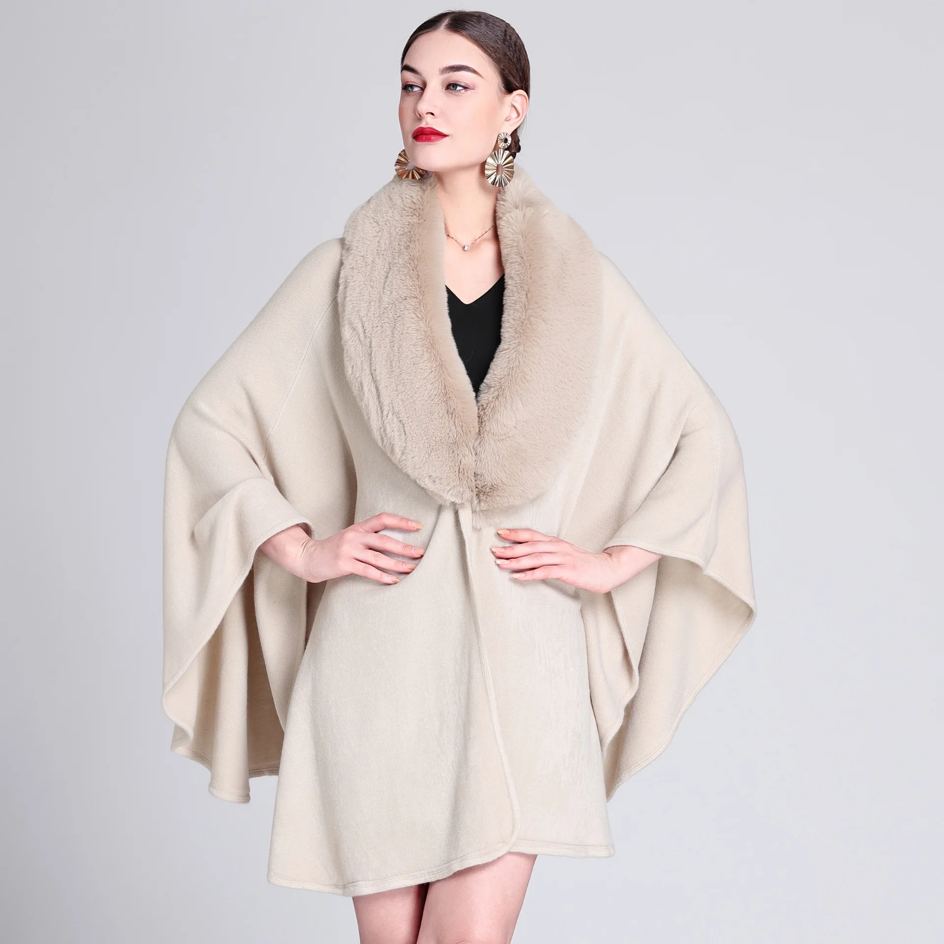 

16 Color Faux Rabbit Fur Neck Long Shawl Cape Overcoat Women Winter Warm Oversize Poncho Wrap Big Pendulum Loose Knitted Cloak