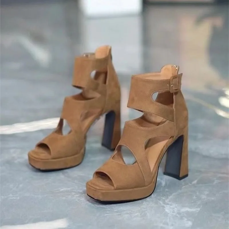 

Женские летние новые универсальные модные босоножки на высоком каблуке с открытым носком, с вырезами, на платформе, с молнией, в стиле «рыбий рот»