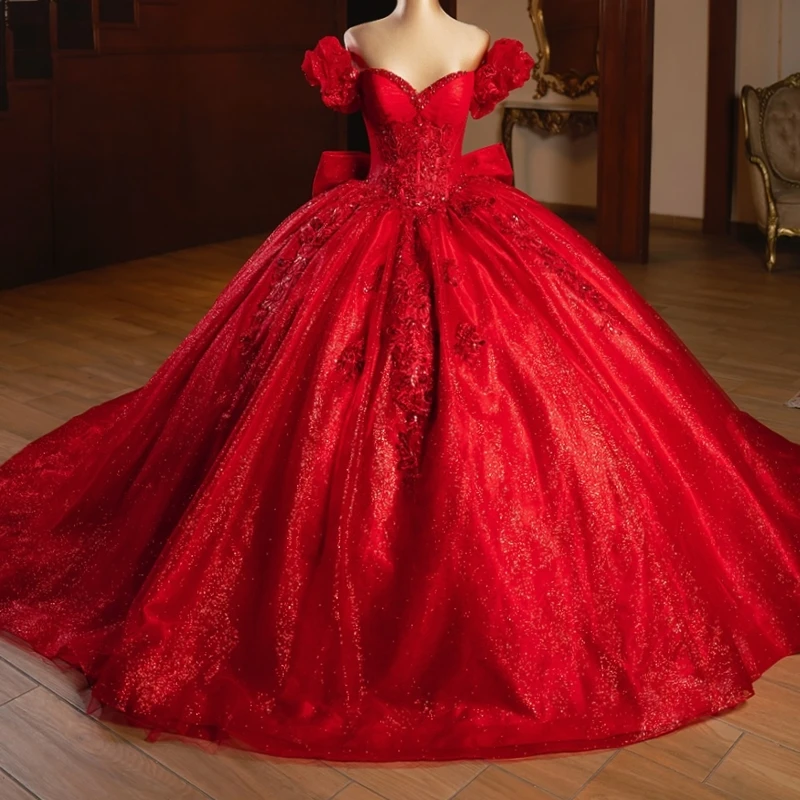 Vestidos De quinceañera rojos brillantes con hombros descubiertos, apliques De cuentas De encaje, lazo De tul, fiesta De cumpleaños, dulce 16, Vestidos De 15 De Anos