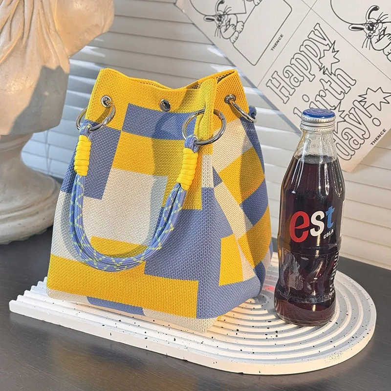 

Сумка с цветными блоками, легкая сумка для хранения из полиэстера, вязаная большая сумка, просторная женская сумка-ведро для повседневных поездок на работу, покупок