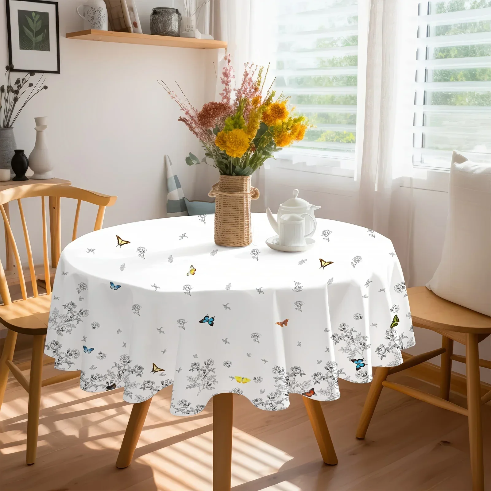 1 piece, round tablecloth, country style line-drawn floral tablecloth, with rose vines and yzb