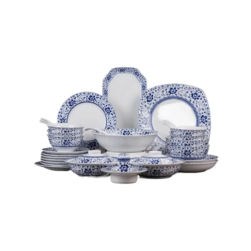 Ceramic lead-free household dishes glaze medium color blue and white porcelain exquisite national porcelain red leaf