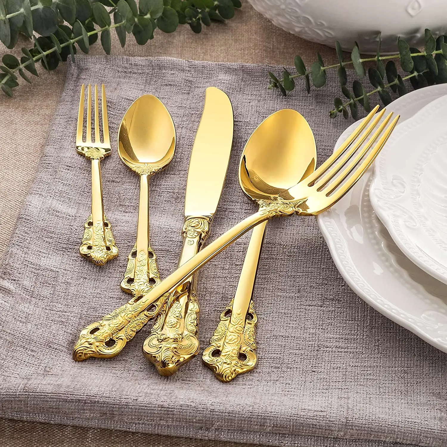 Gorgeous Glossy Gold Flatware Set, Antique Silverware, Stainless Steel Copper Cutlery, Serving Utensil Knife Fork Spoon