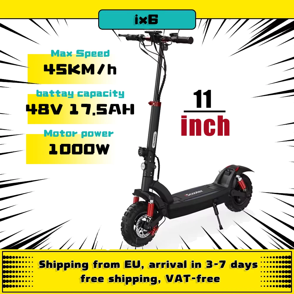 iScooter iX6 1000W Electric Scooter 11 inch EScooter 17.5Ah 25 km/h 55-65km Range Powerful Electric Scooter Foldable E-Scooter