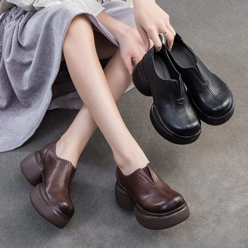 

GKTINOO/2020 весенне-осенняя обувь из натуральной кожи на толстой подошве, удобная женская обувь на танкетке ручной работы в стиле ретро, туфли-лодочки без шнуровки