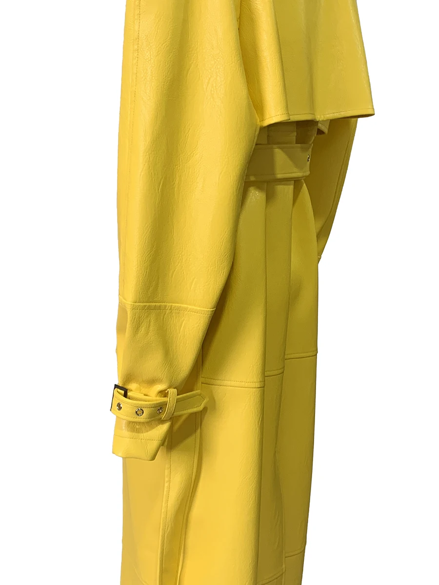 Trench da donna in ecopelle giallo brillante extra lungo primavera autunno per spalle da donna Abiti firmati di lusso doppiopetto