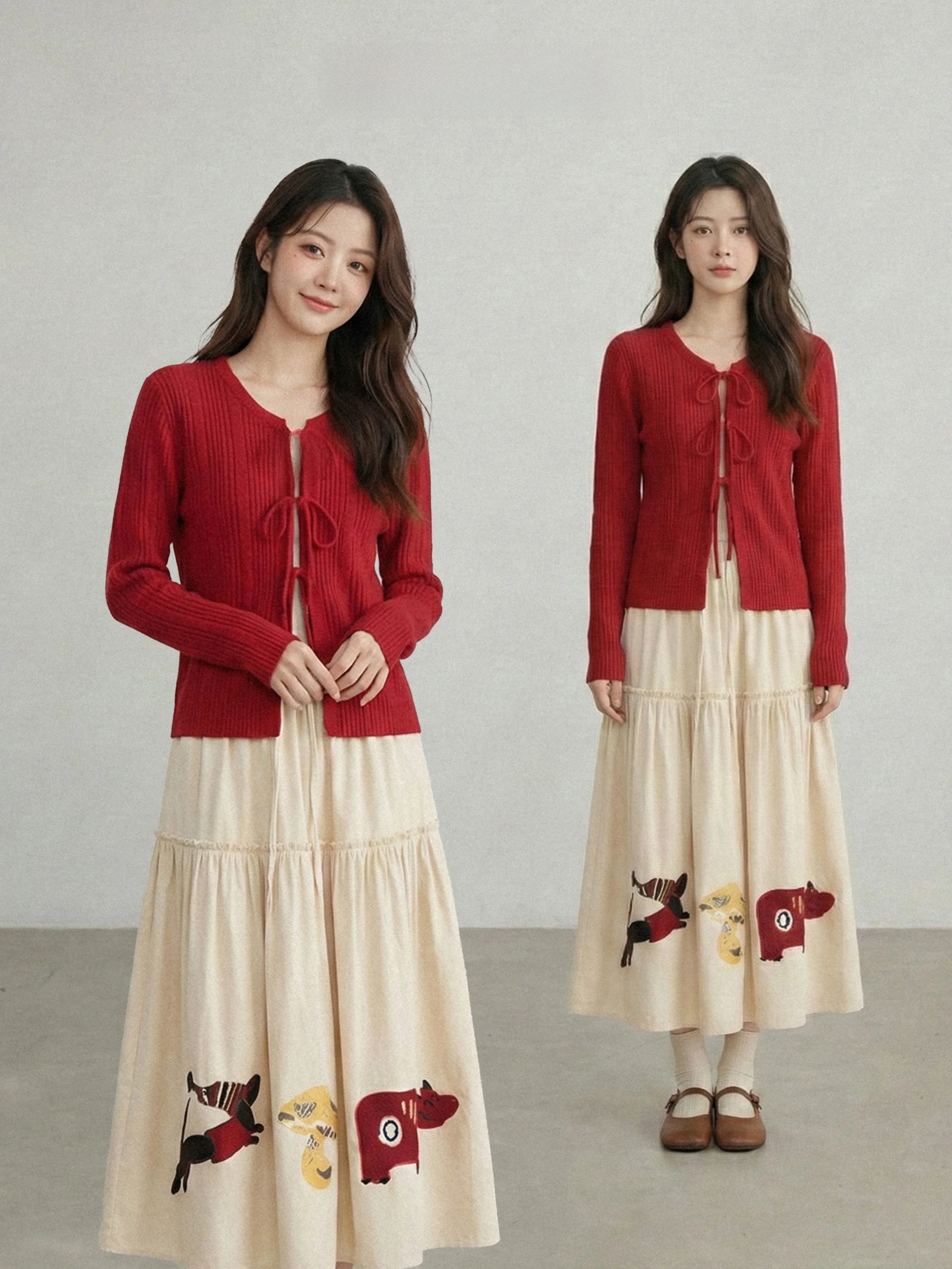 

Red Knitted Open Cardigan Skirt Set Women's Faion Spring 2026 Early Spring Zodiac Year Aosphere Feeling Two-Piece Set