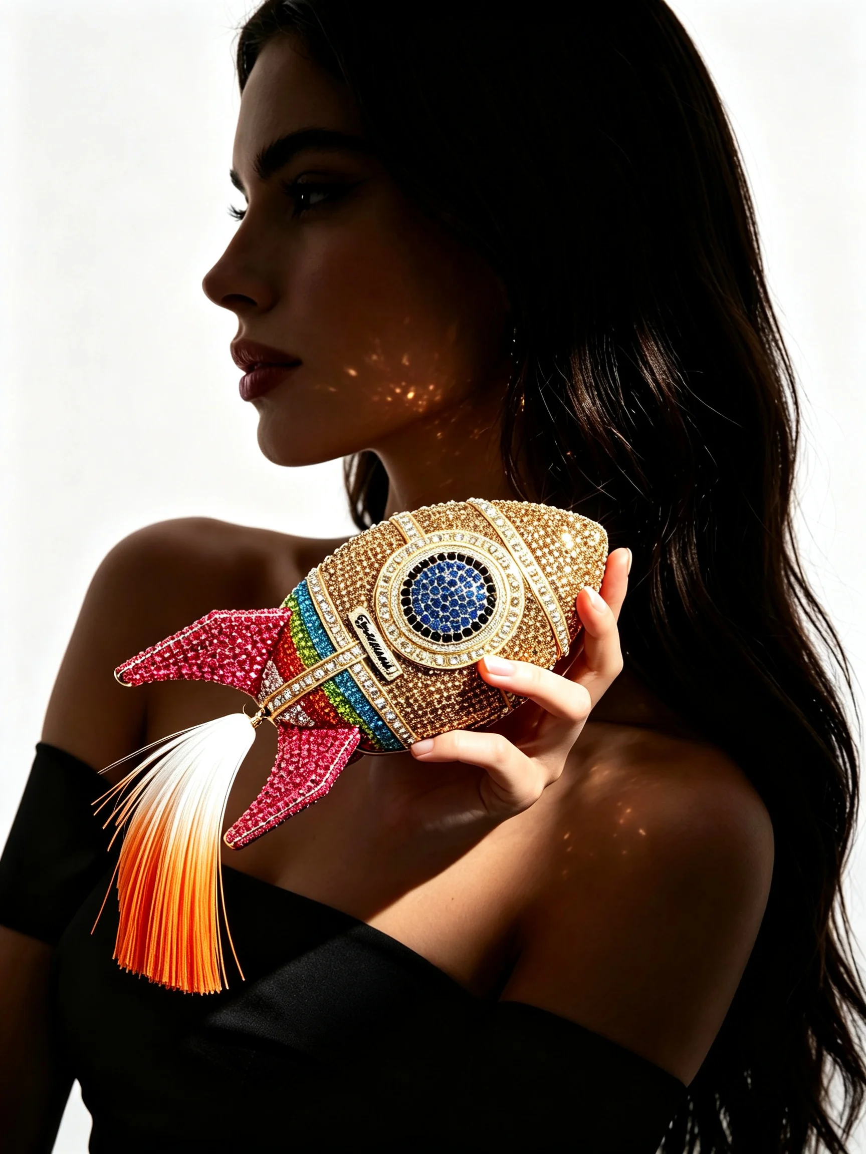 Handmade 3D Rocket Crystal Clutch Bag with Full Rhinestone Novelty Evening Purse Flame Tassel for Women Wedding Prom Banquet Par