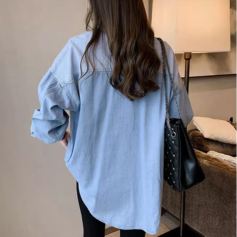 Women\'s Long Sleeve Denim Shirt, Loose Cotton Blouse, Turn Down Collar, Dark Blue Tops, Korean Fashion, Autumn, New, 7256