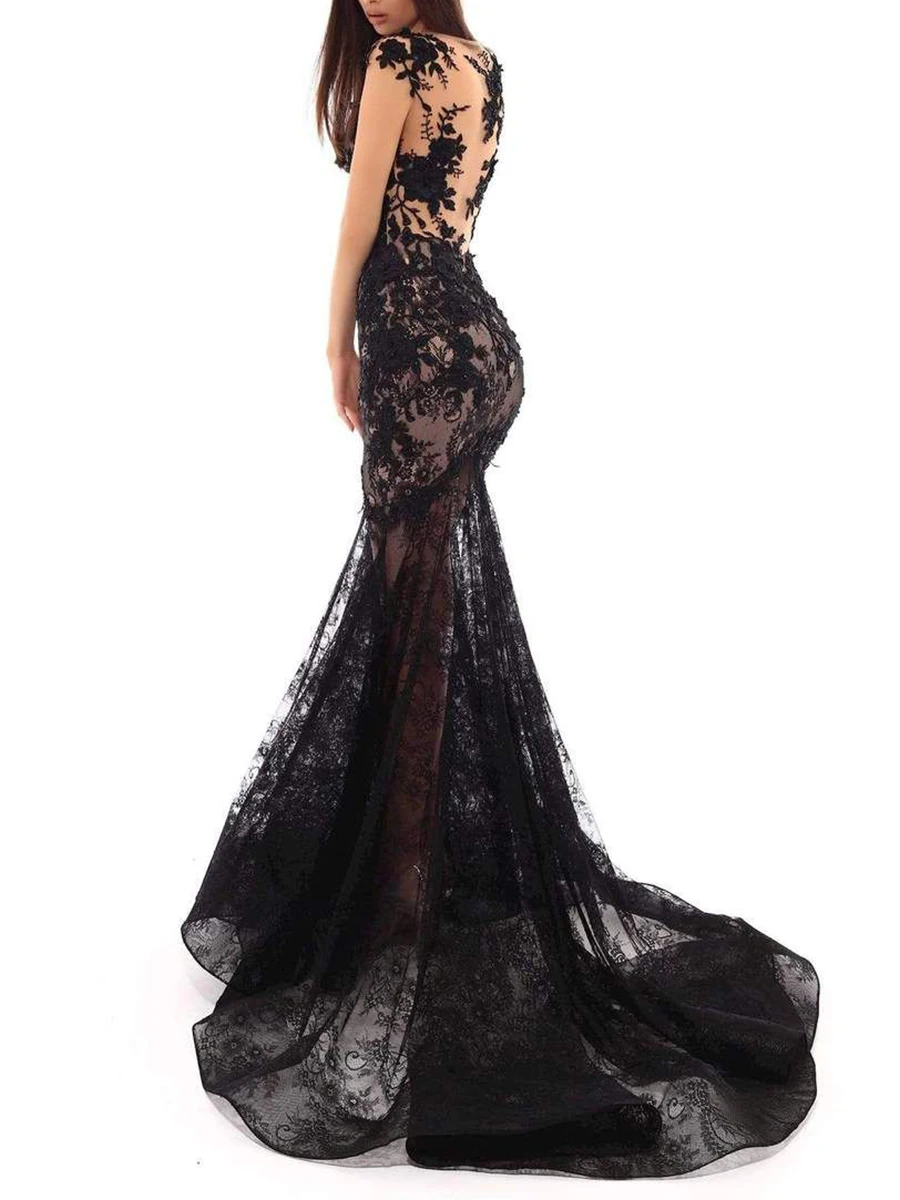 Cocktail Party Prom Dress Sexy Deep V-Neck Floor Length Spaghetti Strap Evening Formal Applique Dresses for Women Court Train