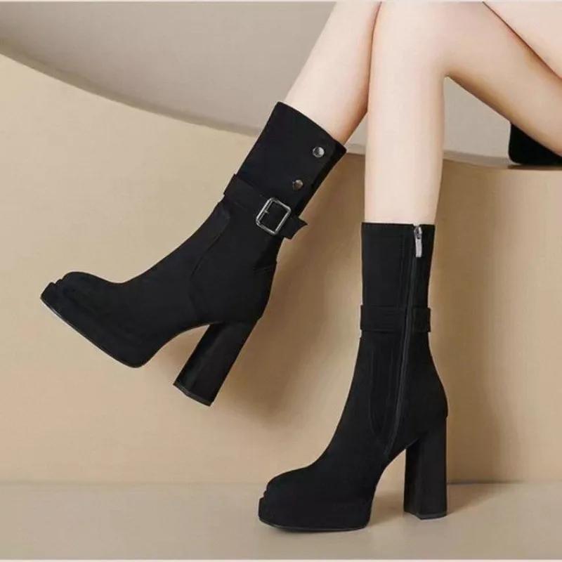 

Hot Seller 2026 Retro Sle ort Boots Women's Autumn Winter New Sle Two-Way Slim Boots Heightening Thi Heel Faionable round Toe
