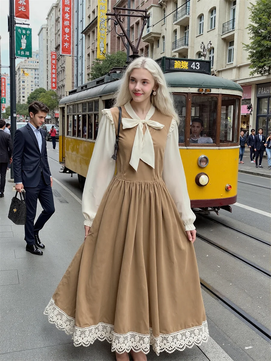 Vestidos de mujer negro Línea A Patchwork otoño primavera patrón una línea cintura imperio solapa hueca ropa de trabajo tela corsé elegante