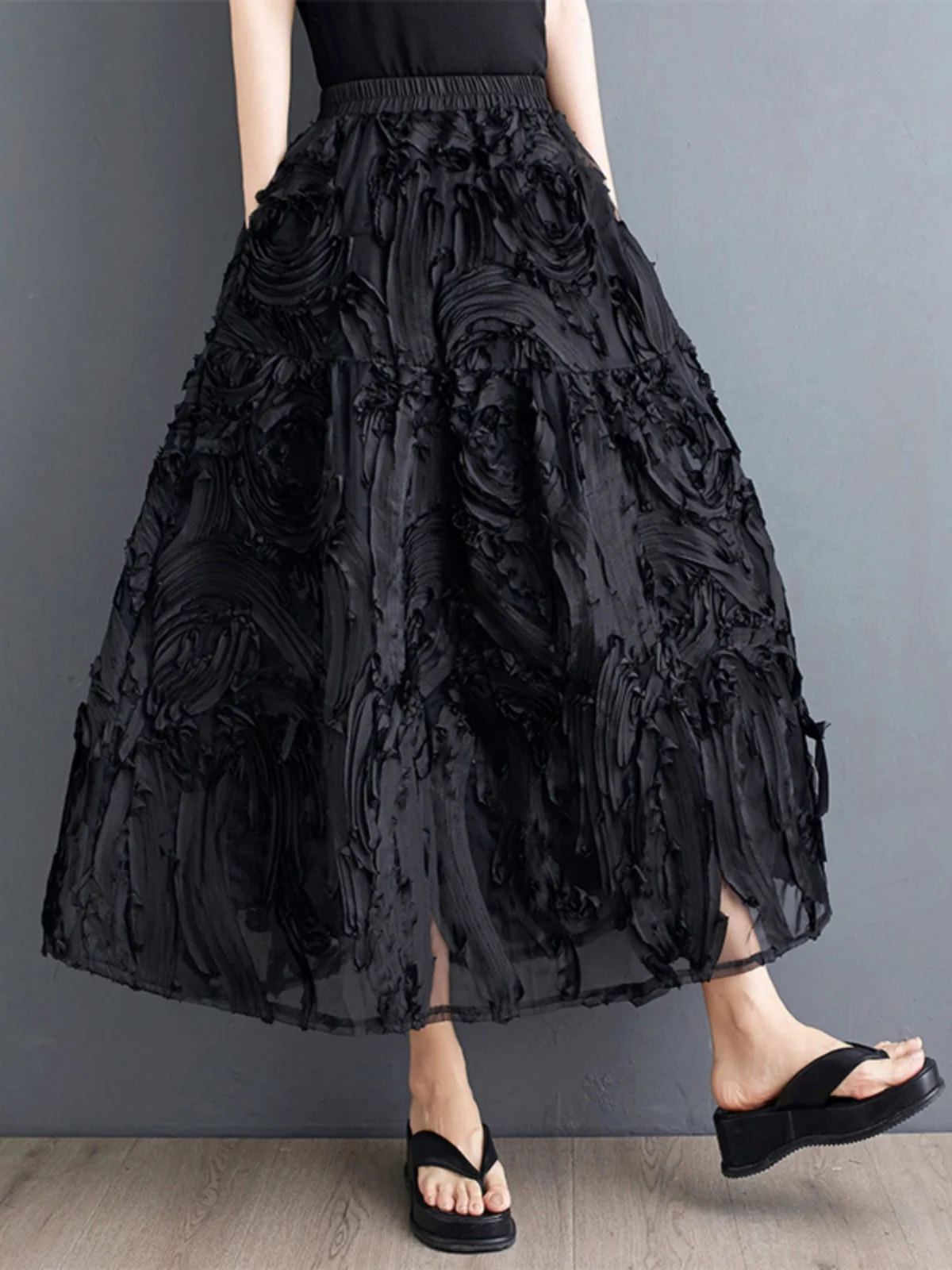 Dark Heavy Embroidery A-Line  Skirt Women's Summer New Style Elegant Fashionable Midi Skirt High Waist Long Skirt
