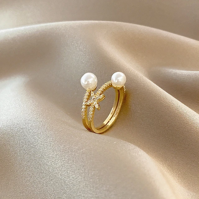 Luxury Gold Color Flower Pearl Rings for Woman Vintage Sexy Open Ring Party Fashion Elegant Jewelry Gifts AliExpress