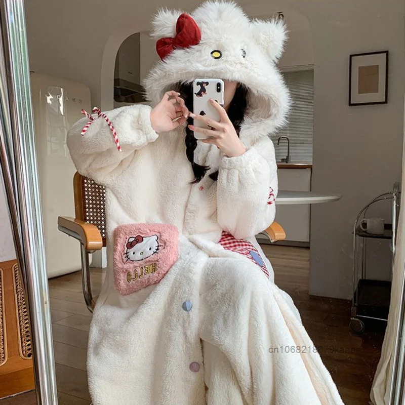 Hello Kitty Women Winter Coral Fleece Nightgown New Cute Cartoon Thick Hooded Warm Home Suit Set Korean Style Kawaii Night-robe