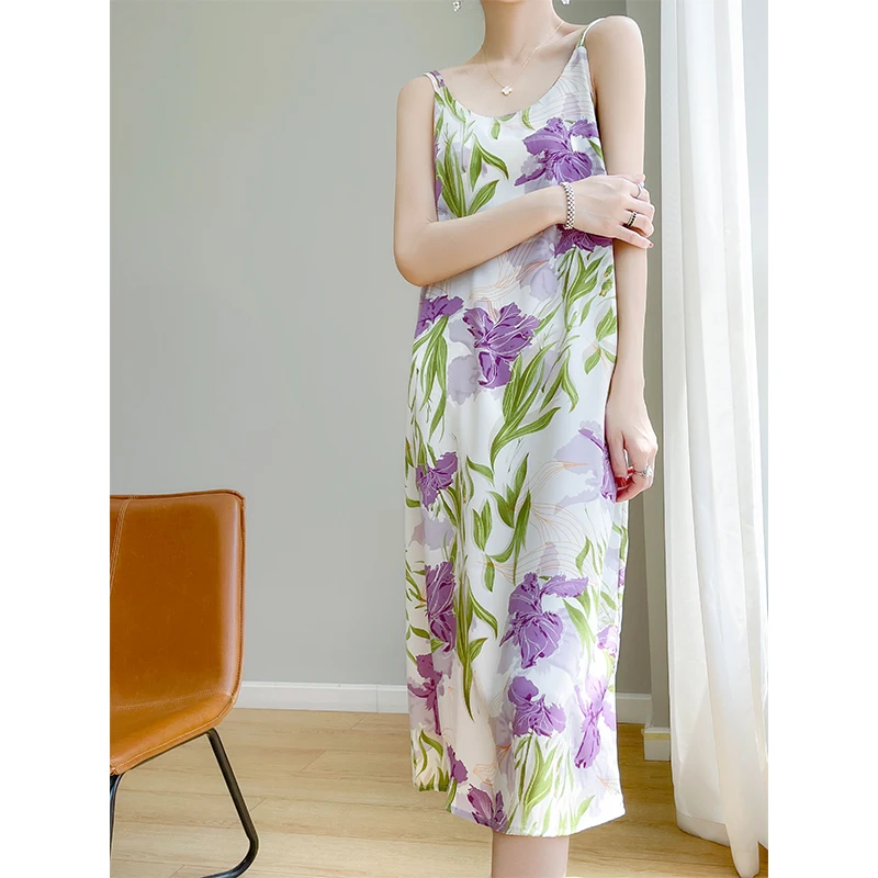 

Light Purple Flower Women's Spring/Summer U-neck Pullover Korean Edition Korean High end Design Feeling Sling Dress