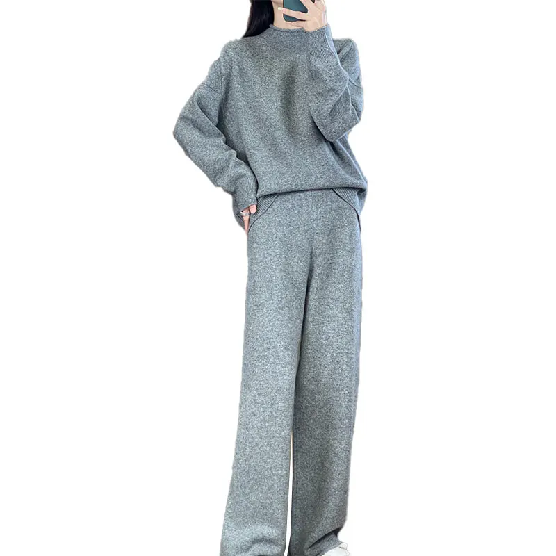 Autumn And Winter Set 100% Wool Loose Sweater And Wide-Leg Pants Knitted Two-Piece Casual Off-Shoulder Sleeve Women'S Outfit