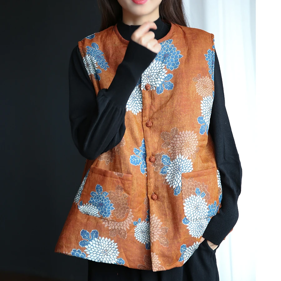 レトロな芸術的なファイオンプリントの亜麻ベスト、女性用冬用コットン裏地付き暖かいアウターウェア、重ね着に最適、トレンディなシングルボタン留め