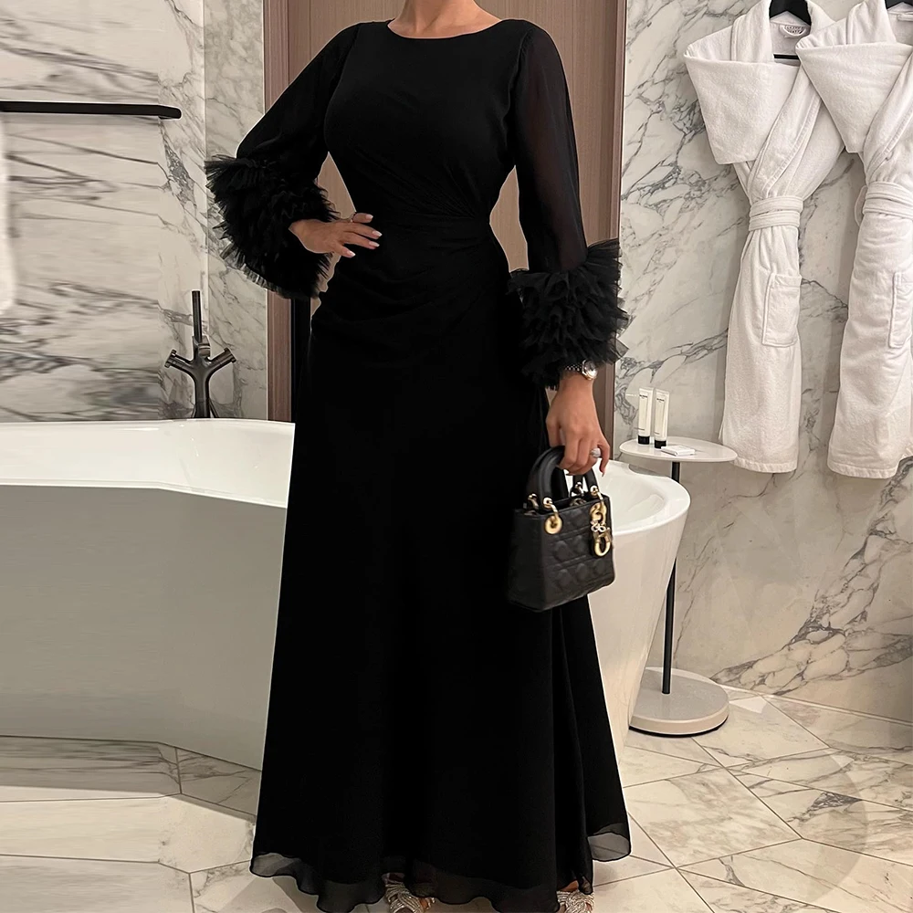 

Formal Black Crew neck A-Line Evening Dress pleats Floor Length Chiffon Long Flare Sleeves Custom Made Special Occasion Gowns