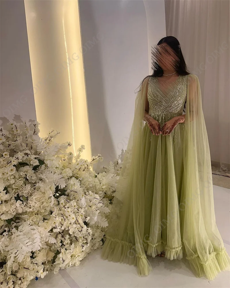 OIMG Green Princess Sequins Evening Dress Tulle  A-line Sequins V Neck Prom Dresses With Long Sleeves Formal Women Gowns