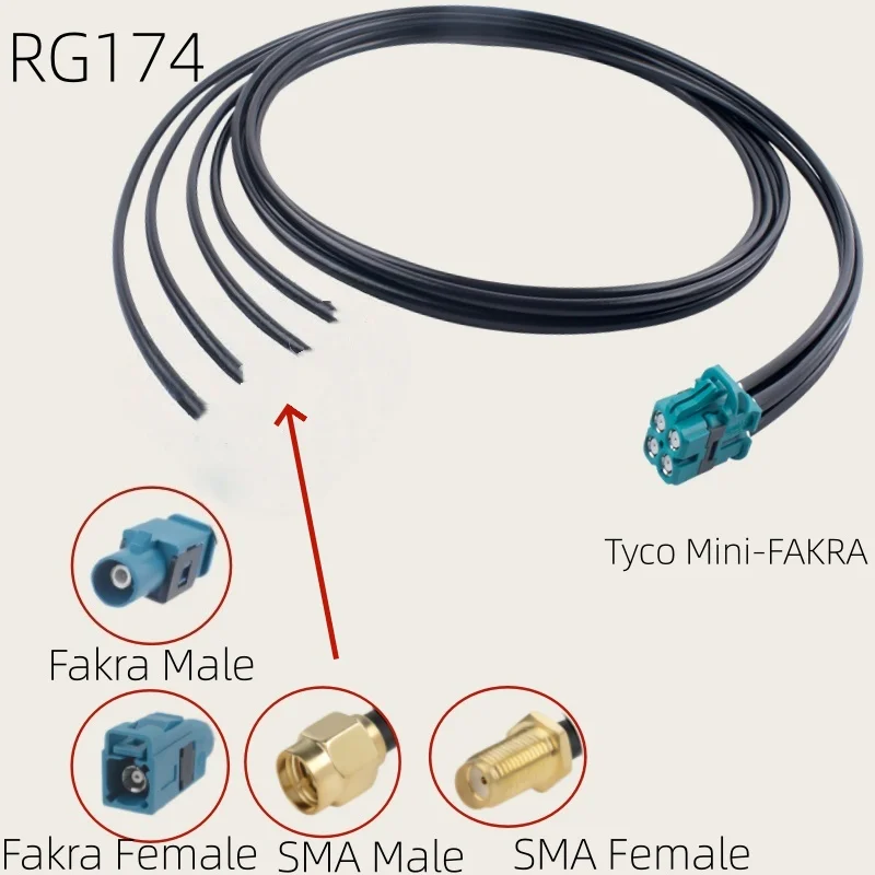 Tyco Mini-FAKRA 4-in-1 to SMA/FAKRA/Rosen Mini Single Cavity Male/Female RG174 Coaxial Cable