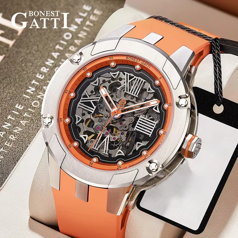 

BONEST GATTI Men's Automatic Mechanical Watch Waterproof Skeleton Design Sapphire Crystal Luminous Rubber Strap