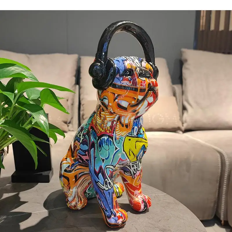 European Style Resin France Bulldog Painting Headphone Dog Animal Statue Desktop Decoration Room Home Gift