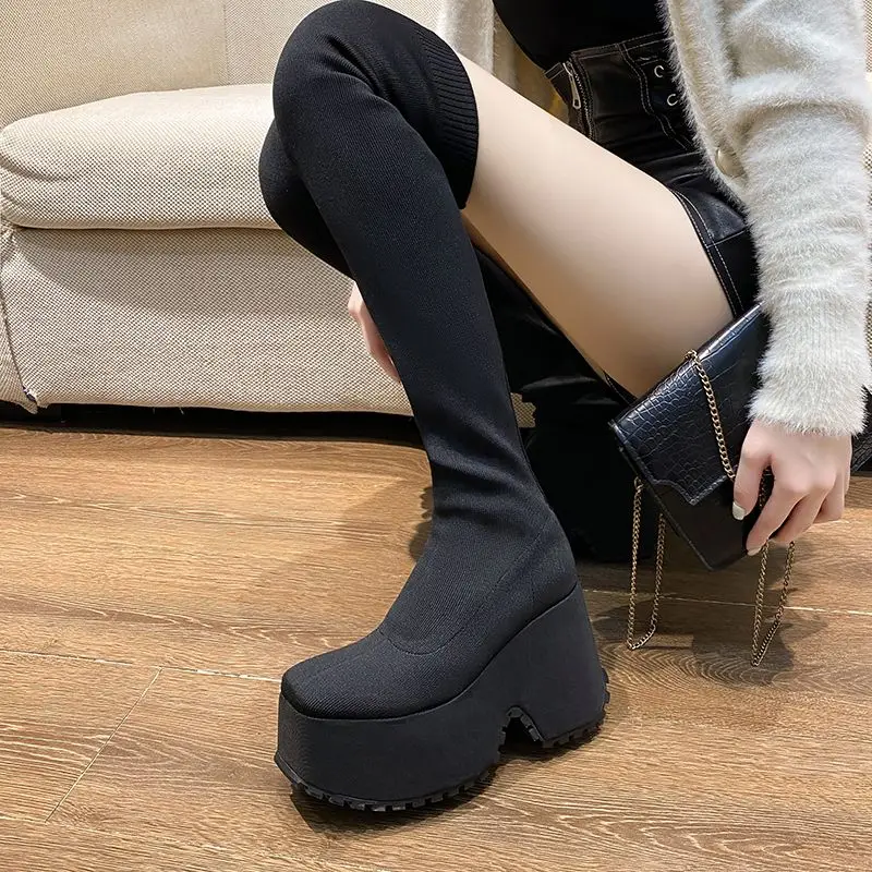 Small Raise the Bottom Stretch Thin Women's 2023 New Square Toe Sleeve Super High Heel over the Knee Panty-Hose Boots