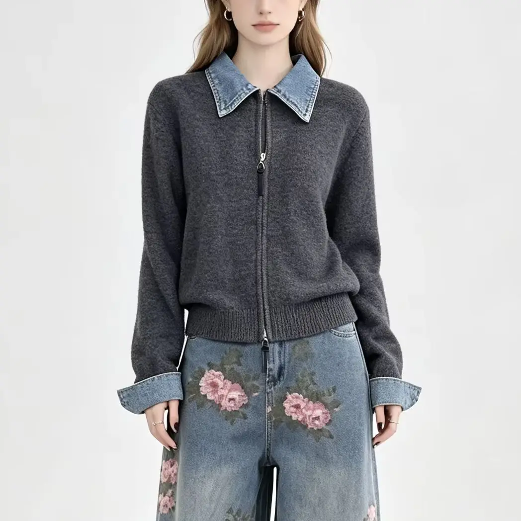 Women's Grey Collared Long Sleeve Denim Sweater Y2K French High Street Fashion Elegant Harajuku Casual Autumn Winter Vintage Top