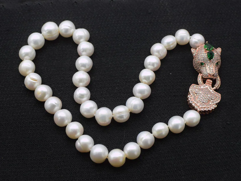 

WOW! freshwater pearl white near round 10-12mm big size leopard clasp necklace 19inch nature handmake wholesale