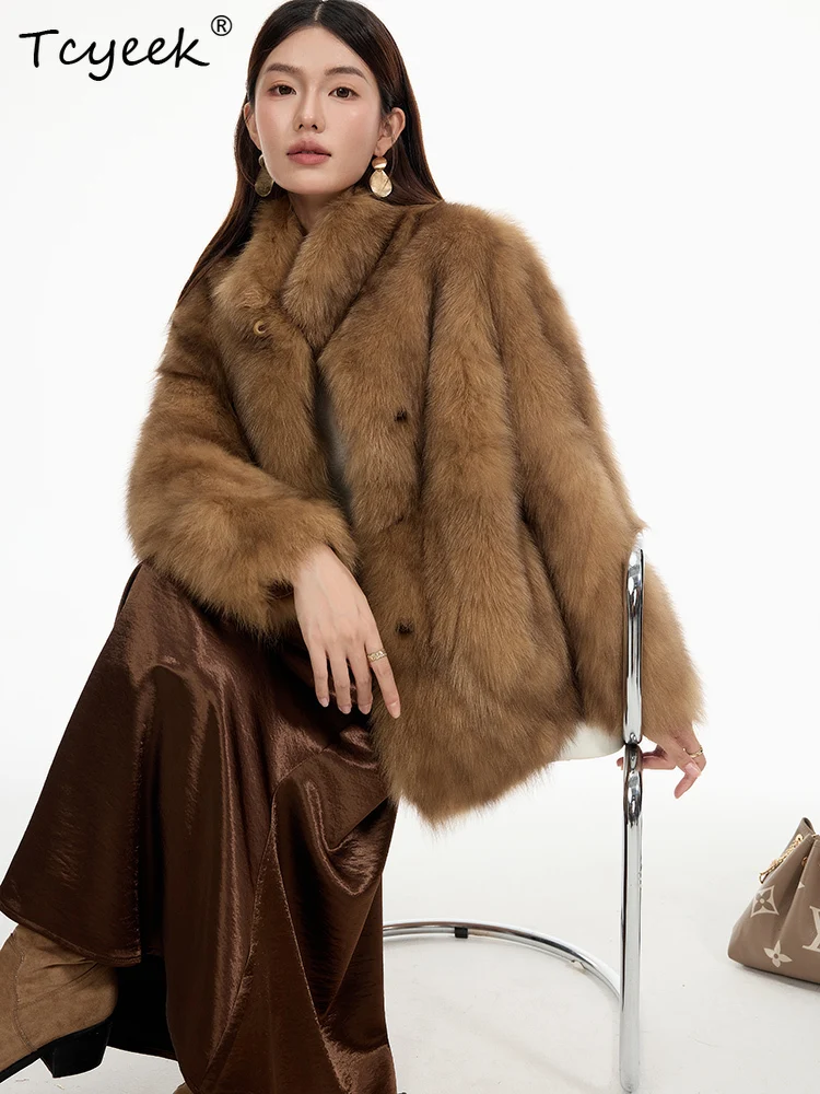 เสื้อโค้ทขนสัตว์แท้ Tcyeek สำหรับฤดูใบไม้ร่วงและฤดูหนาว ดีไซน์หรูหราทันสมัย ปกเสื้อแบบปกเชิ้ต ความยาวปานกลาง ขนฟ็อกซ์ สำหรับผู้หญิง ทำจากขนแกะและขนฟ็อกซ์