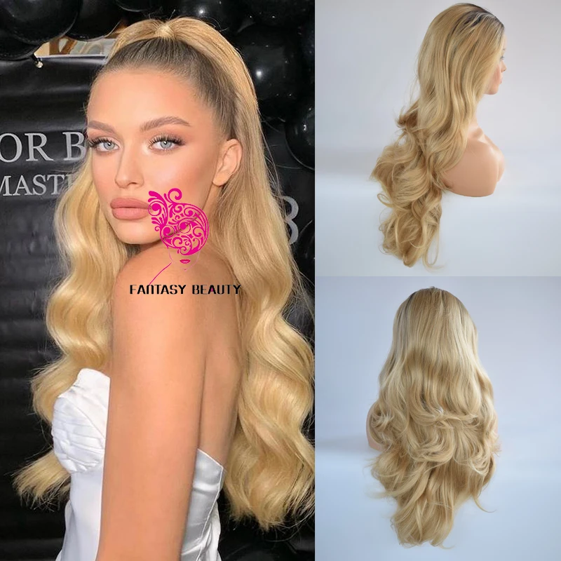 

Ombre Dark Roots Honey Blonde Synthetic 13x4 Lace Front Wigs for Women Glueless Daily Soft Transparent Lace High Ponytail Wigs