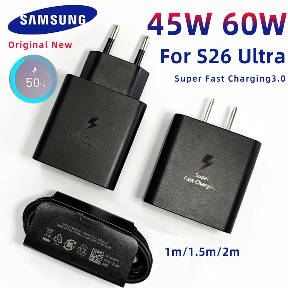 

45w 60w PD Charger Chargeur Samsung Original Type C Adapter Eu Fast Charge Cable Galaxy S26 Ultra S25 Fe S24+ S23 Plus S22 S21