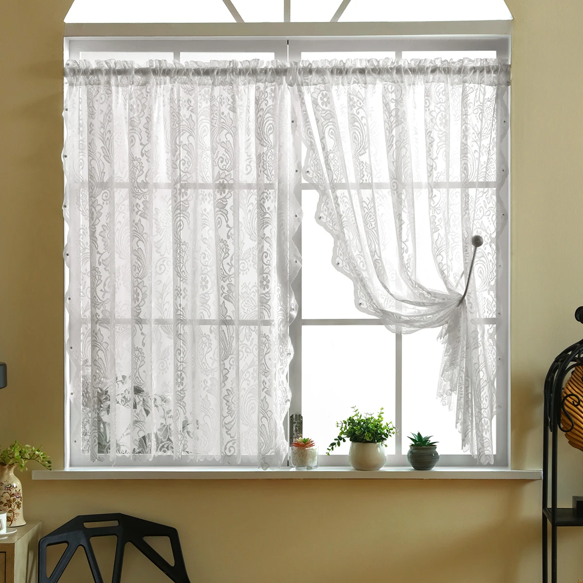 1pc Romantic White Lace Sheer Curtain，Rod Pocket，Floral Embroidery Short Gauze Curtain for Living Room，Kitchen Cabinet Curtain