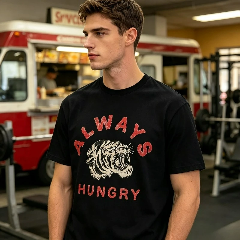 Always Hungry Tiger Head Graphic Men T‑Shirt, Cotton,Retro Animal Tee,Streetwear Casual Gym Workout Party Daily Short Sleeve Top