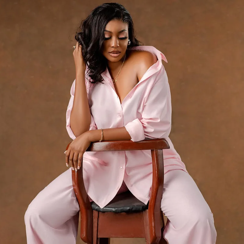 Women African 2 Piece Outfits Spring Autumn Oversized Button Down Shirt & Wide Leg Pants Set Casual Loose Loungewear Set
