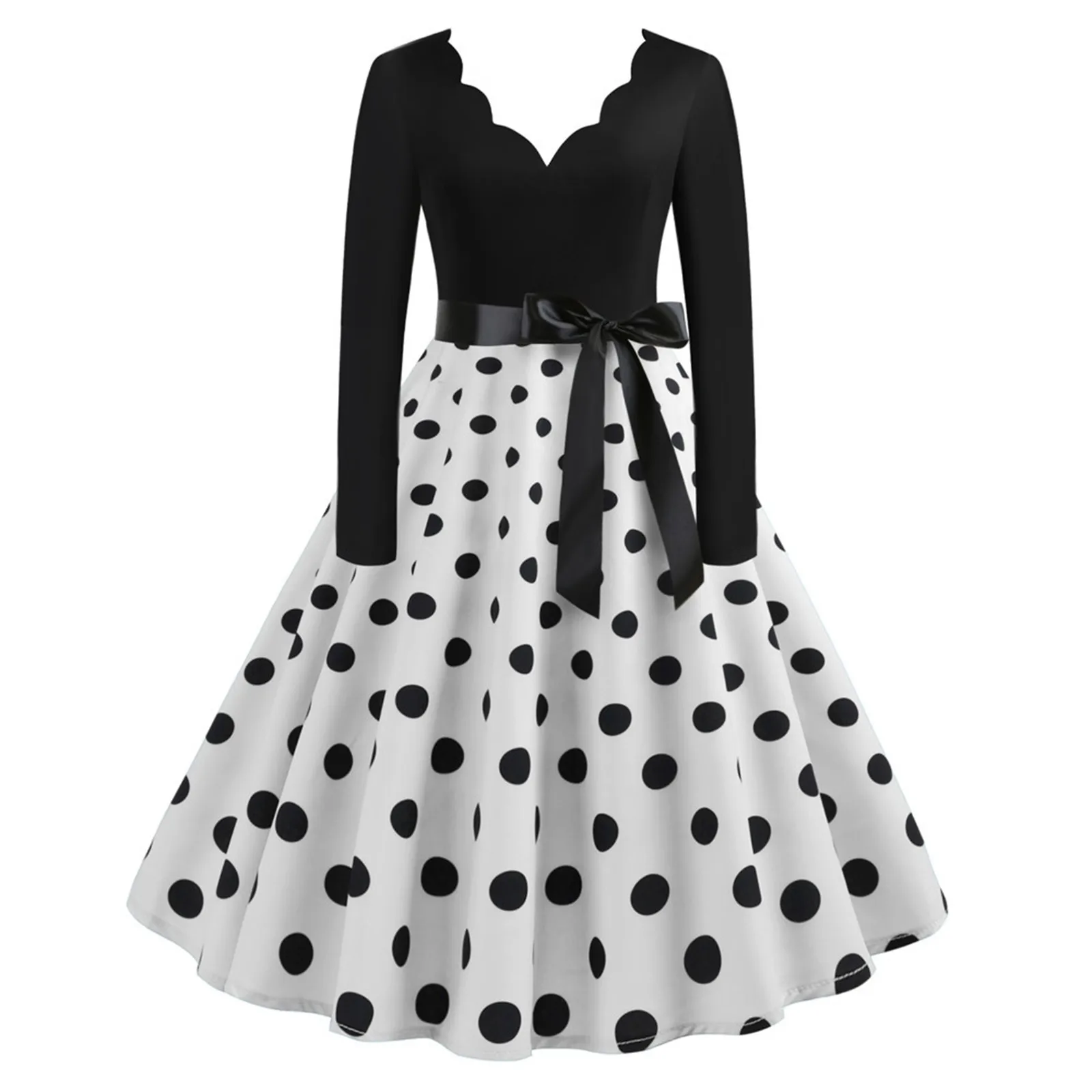 Womens Elegant Dresses 2024 Polka Dot Long Sleeved Dress Vintage 1950 Cocktail Robe Casual Party Vestidos For Women Trendy