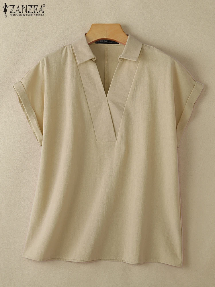 

ZANZEA, элегантные однотонные топы для поездок на работу, свободные повседневные хлопковые льняные блузки с короткими рукавами, женские летние футболки с отложным воротником, 2023 г.