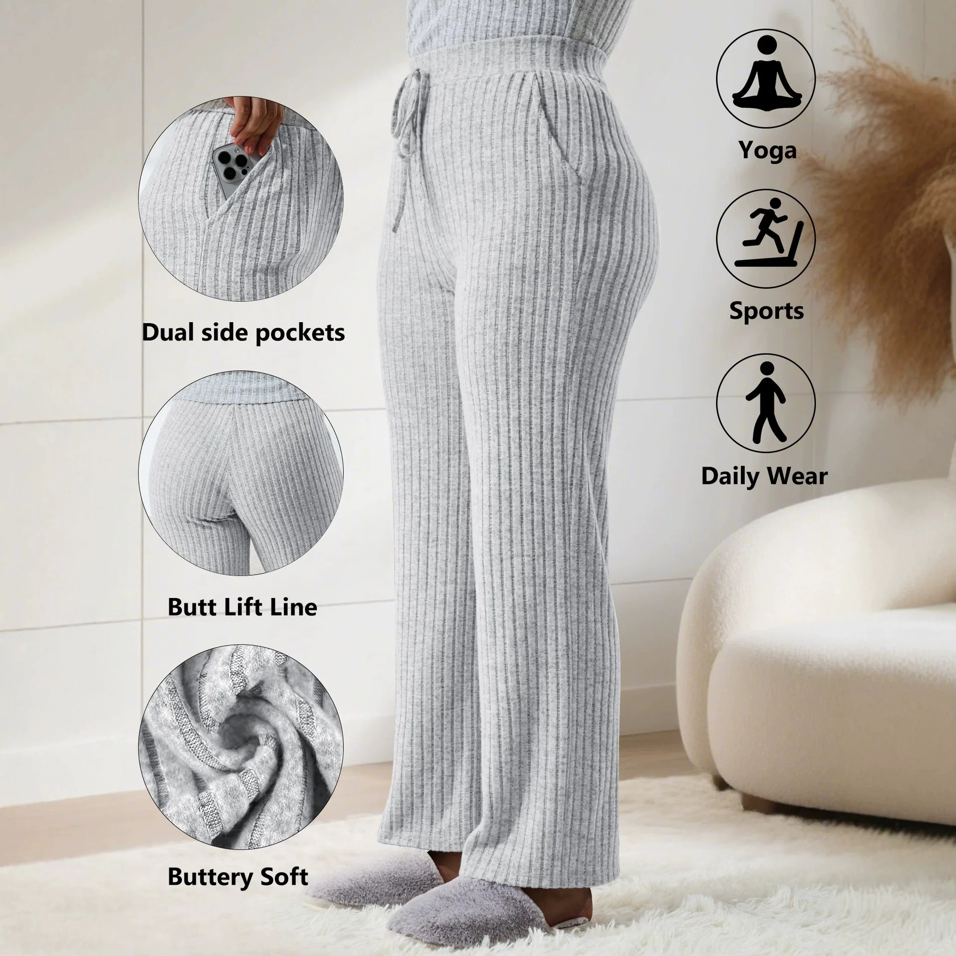 Autumn Winter Women Brushed Ribbed Straight Leg Pants Plus Size High Waist Drawstring Casual Lounge Pants Side Pockets